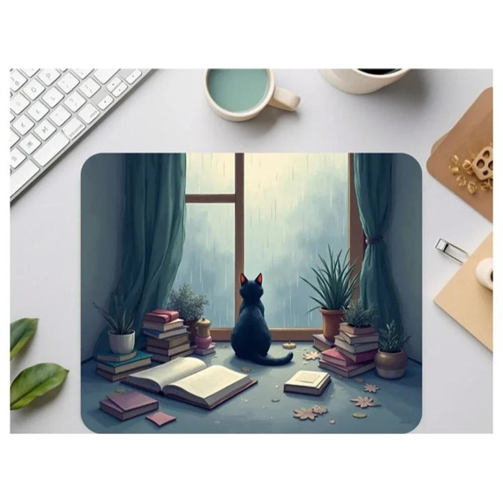 Cozy Cat‎ Mouse Pad, Aesthetic with Rainy Window Scene